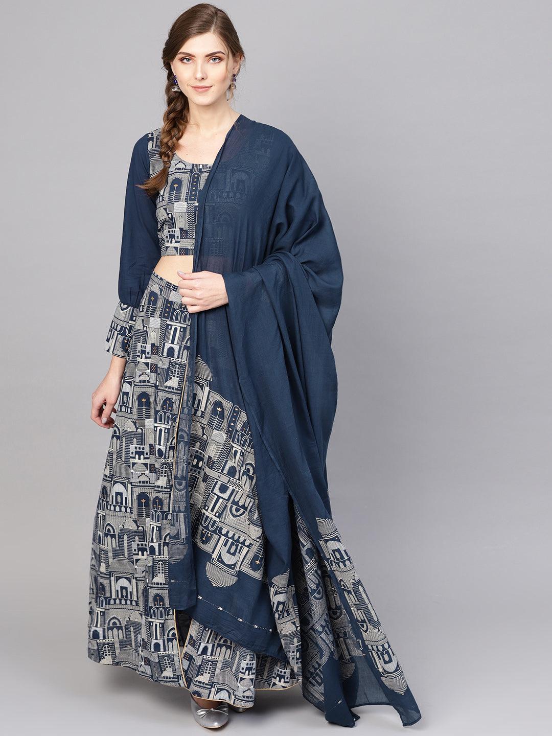 Blue Hawa Mahal Printed Pant Lehenga With Blouse And Dupatta (Fully Stitched) - Znxclothing