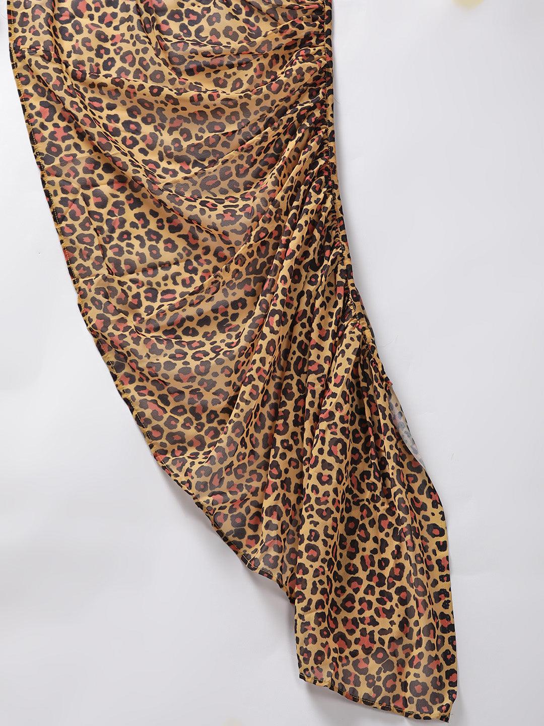 Mustard Yellow &amp; Black Georgette Animal Print Ruffle Saree With Stitched Blouse - Znxclothing