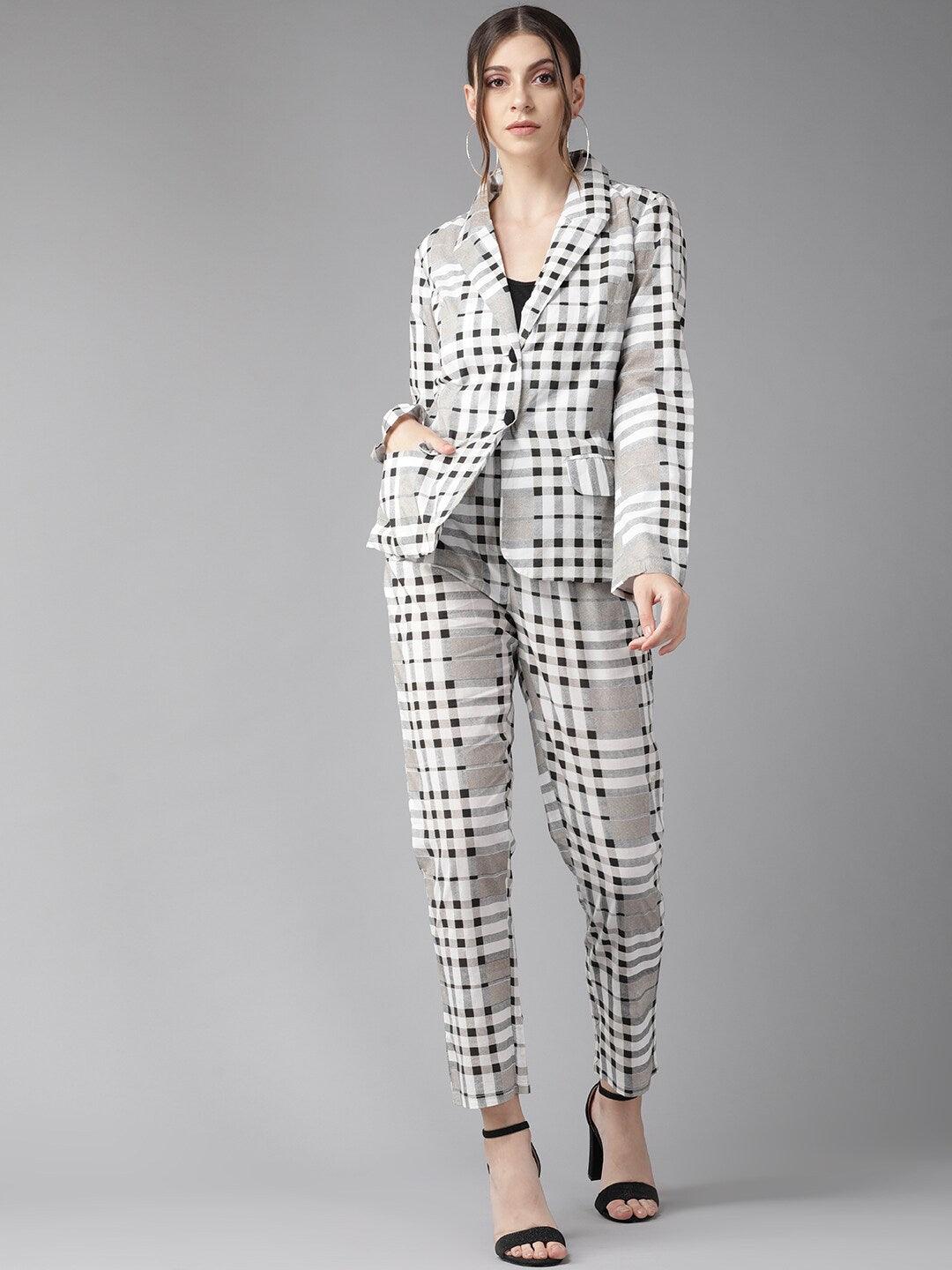 White &amp; Black Checked Blazer with Trousers (Fully Stitched) - Znxclothing