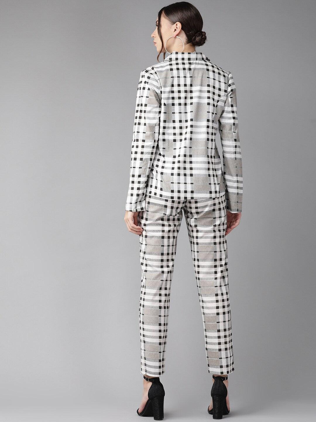 White &amp; Black Checked Blazer with Trousers (Fully Stitched) - Znxclothing