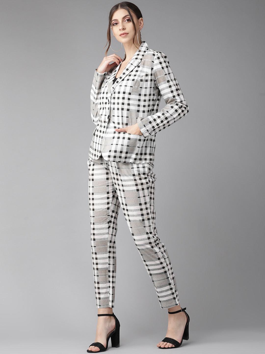 White &amp; Black Checked Blazer with Trousers (Fully Stitched) - Znxclothing
