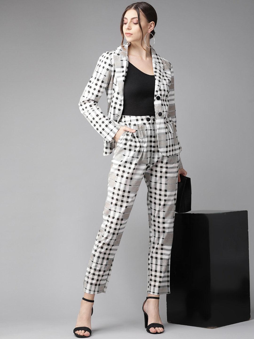 White &amp; Black Checked Blazer with Trousers (Fully Stitched) - Znxclothing