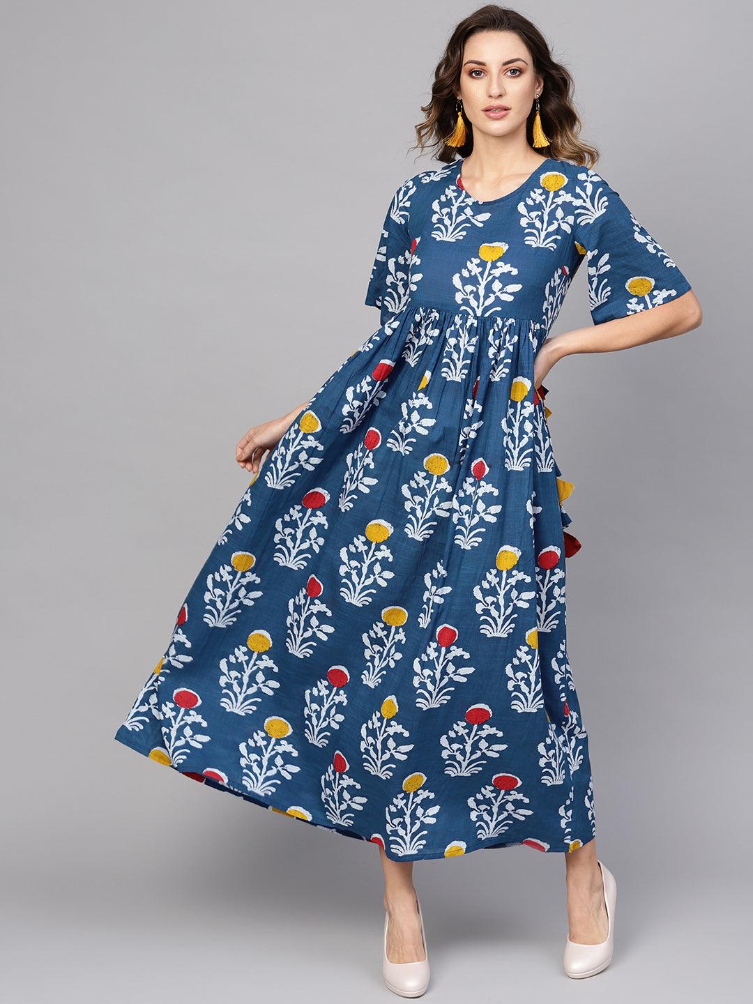 Indigo Printed Maxi Dress With Back Detailing (Fully Stitched) - Znxclothing