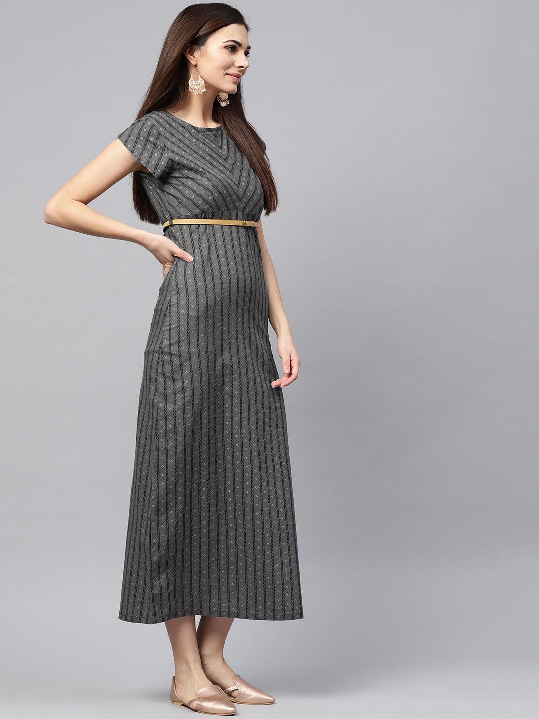 Grey Straight Maxi Dress (Fully Stitched) - Znxclothing