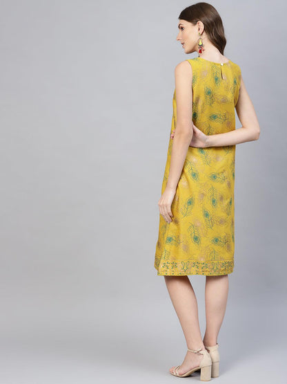 Yellow Gold Printed Shift Dress (Fully Stitched) - Znxclothing