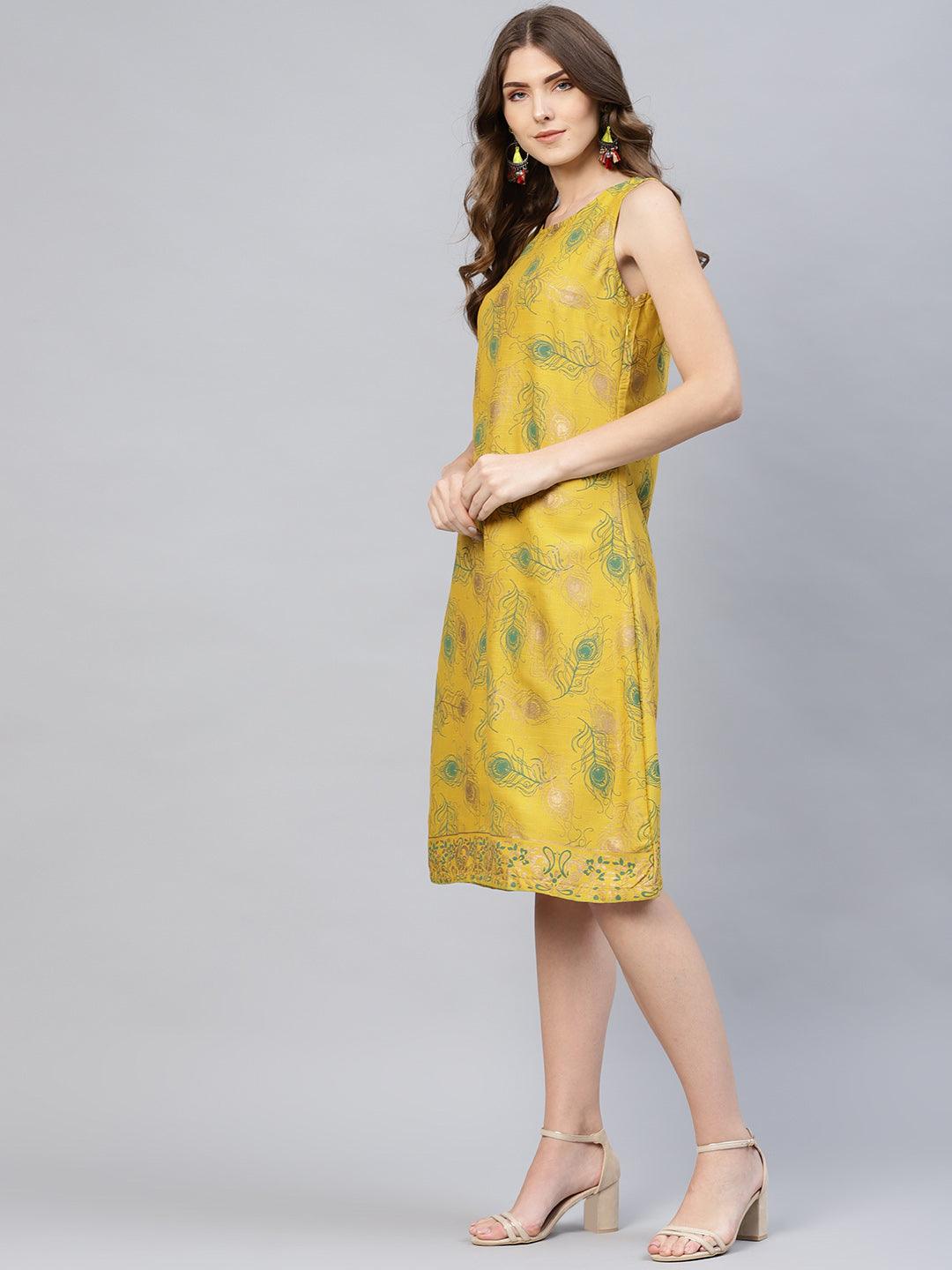 Yellow Gold Printed Shift Dress (Fully Stitched) - Znxclothing