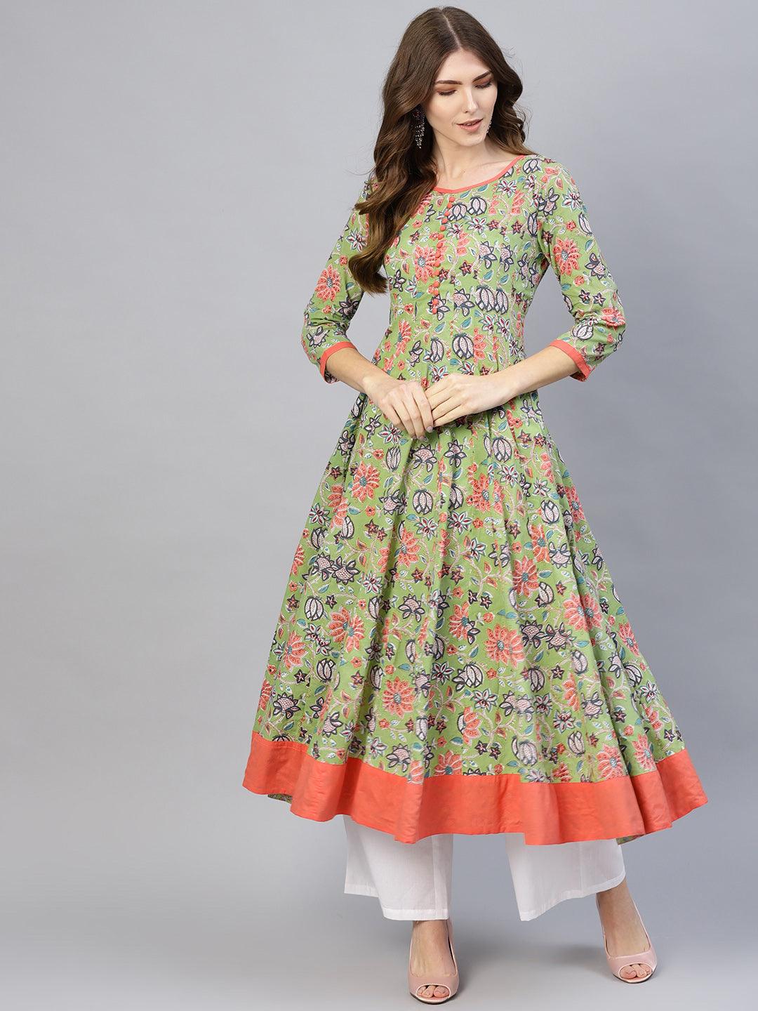 Olive Printed Anarkali Kurta With Contrast Detailing (Fully Stitched) - Znxclothing