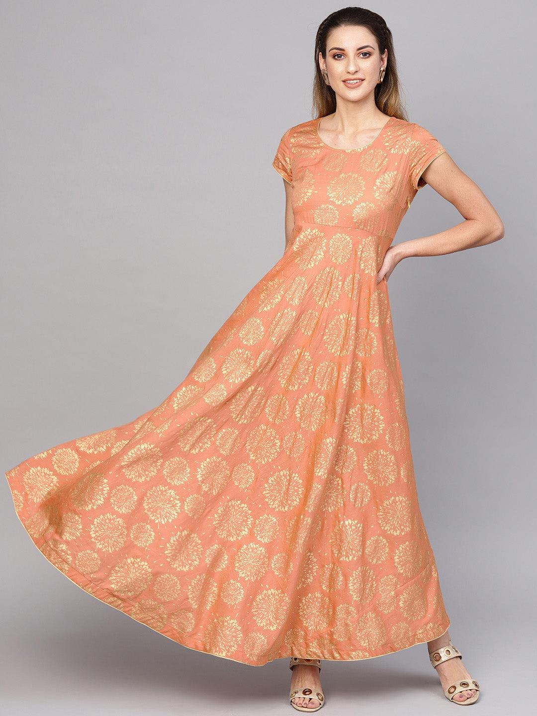 Peach Gold Printed Maxi (Fully Stitched) - Znxclothing