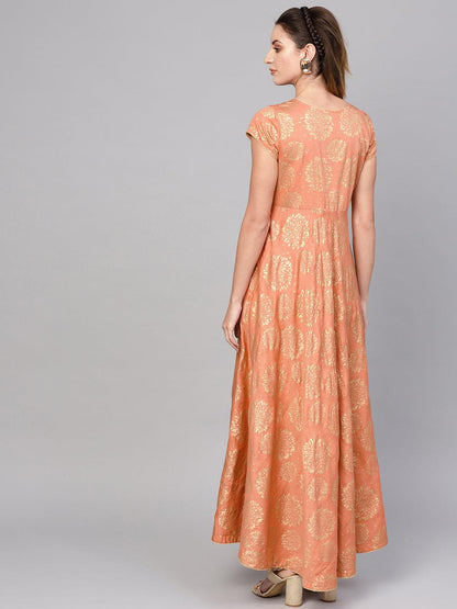 Peach Gold Printed Maxi (Fully Stitched) - Znxclothing