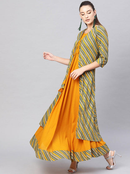 Green Mustard Maxi Dress With Jacket  (Fully Stitched) - Znxclothing