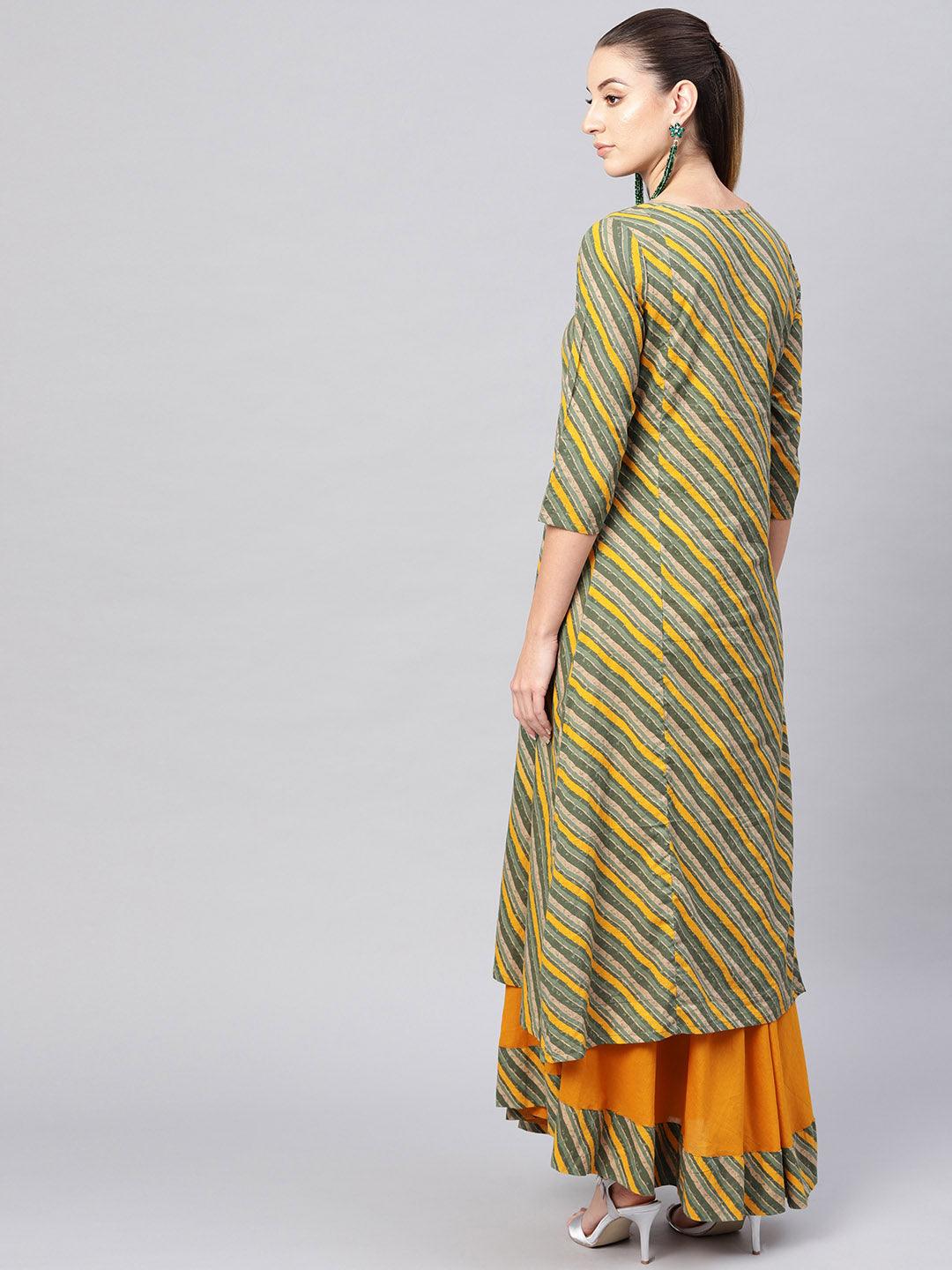 Green Mustard Maxi Dress With Jacket  (Fully Stitched) - Znxclothing