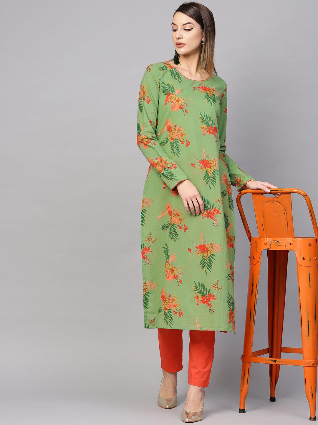 Green Printed Straight Kurta With Contrast Detailing  (Fully Stitched) - Znxclothing