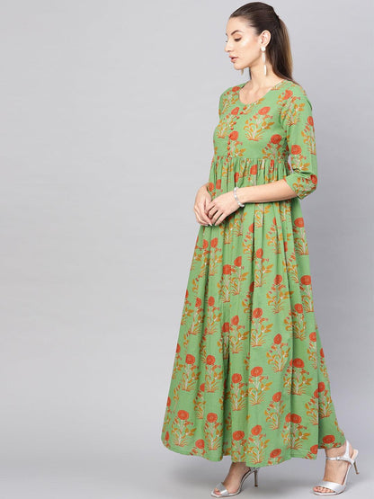 Green printed gathered maxi (Fully Stitched) - Znxclothing