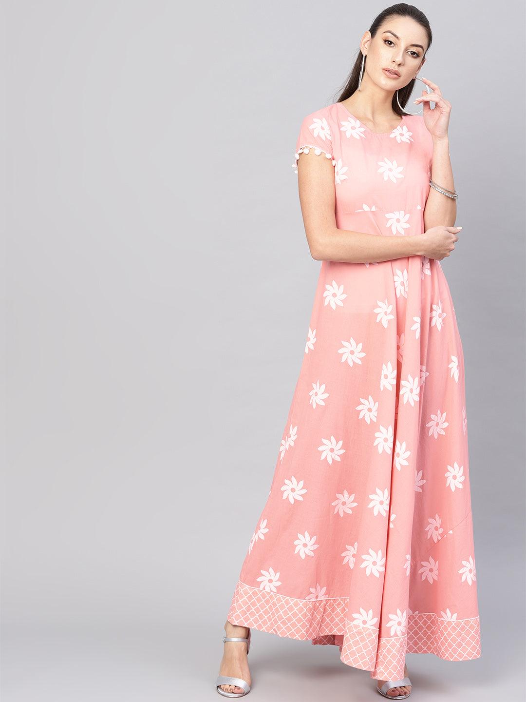 Peach khadi printed maxi dress with lace detailing (Fully Stitched) - Znxclothing