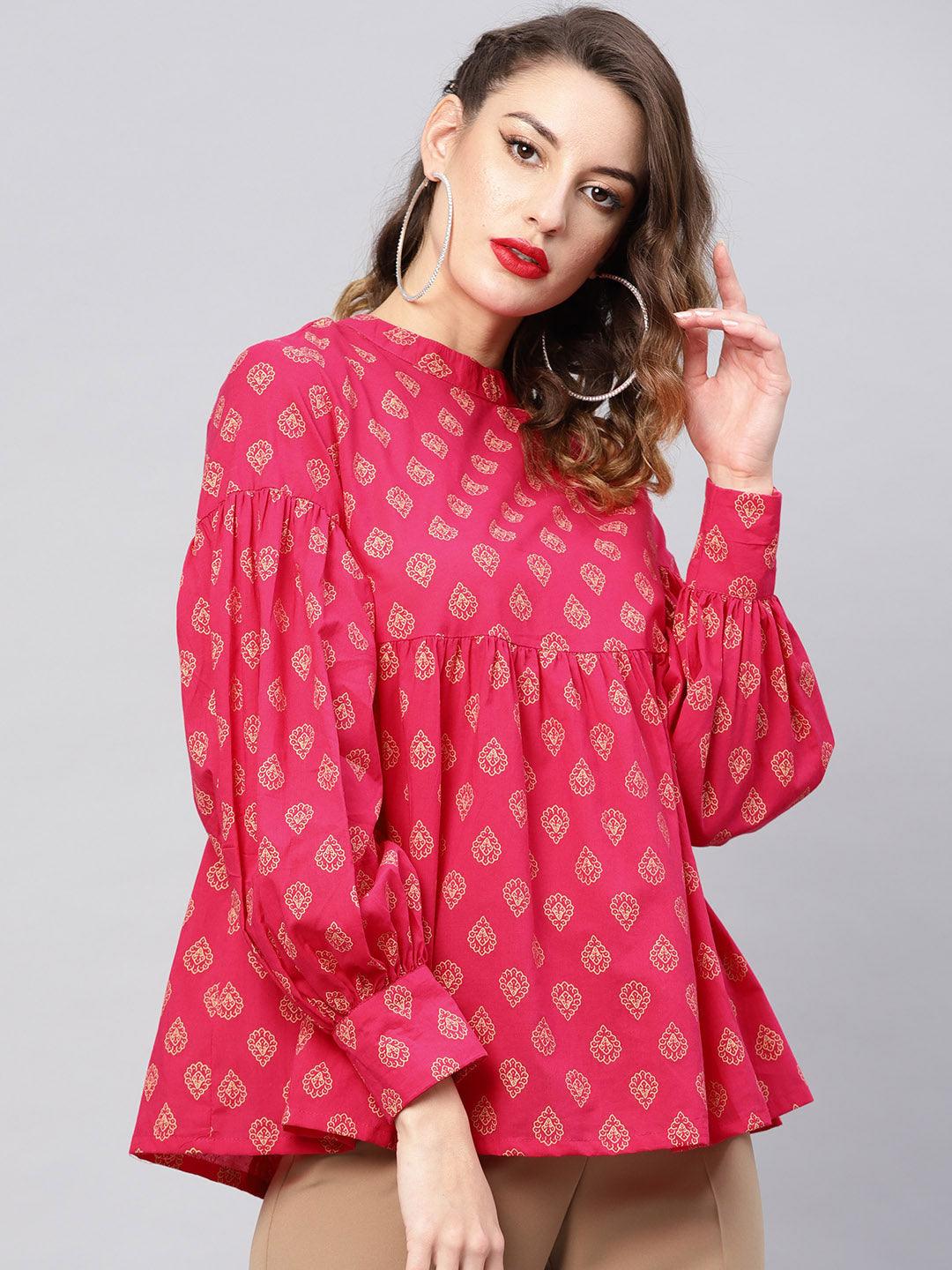 Magenta printed tunic with bishop sleeves (Fully Stitched) - Znxclothing
