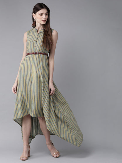 Green &amp; Yellow Striped Maxi Dress ( Fully Stitched) - Znxclothing