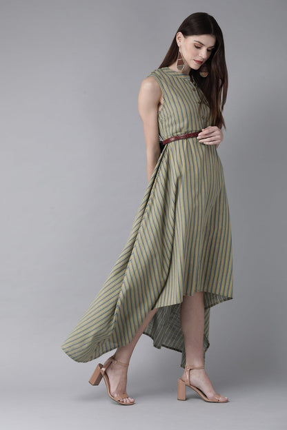 Green &amp; Yellow Striped Maxi Dress ( Fully Stitched) - Znxclothing