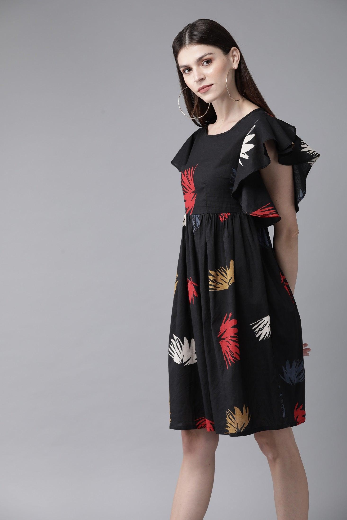 Black &amp; Red Printed A-Line Dress ( Fully Stitched) - Znxclothing