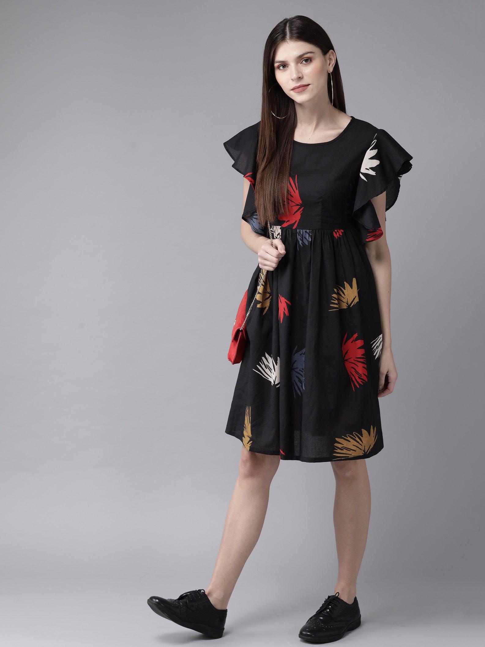 Black &amp; Red Printed A-Line Dress ( Fully Stitched) - Znxclothing