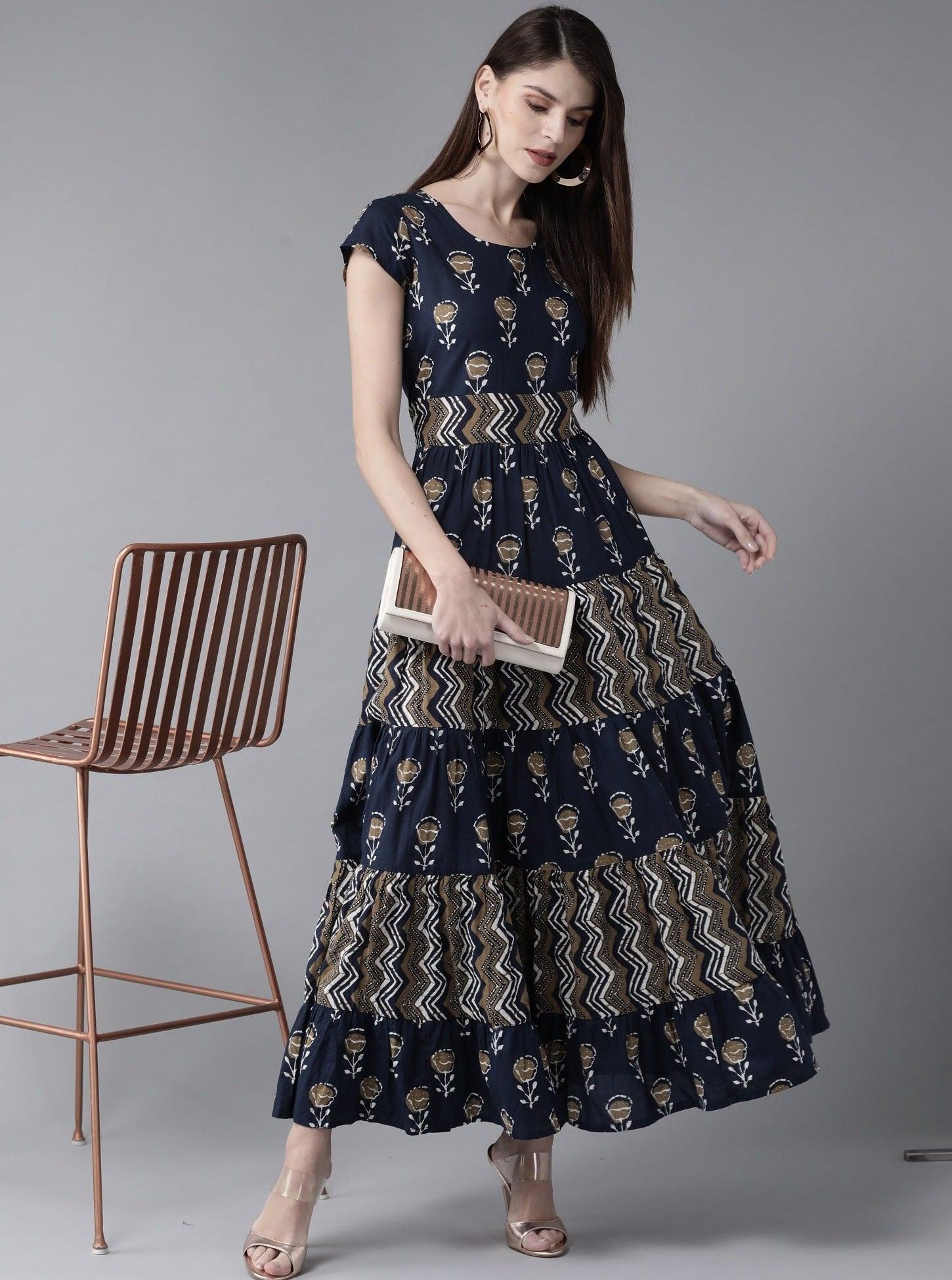 Navy Blue &amp; Beige Printed Maxi Dress ( Fully Stitched) - Znxclothing