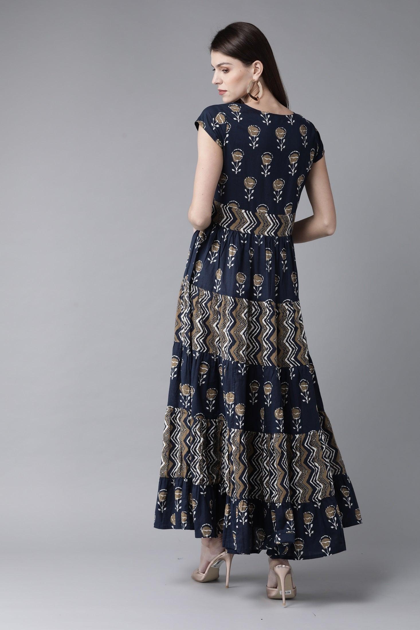 Navy Blue &amp; Beige Printed Maxi Dress ( Fully Stitched) - Znxclothing