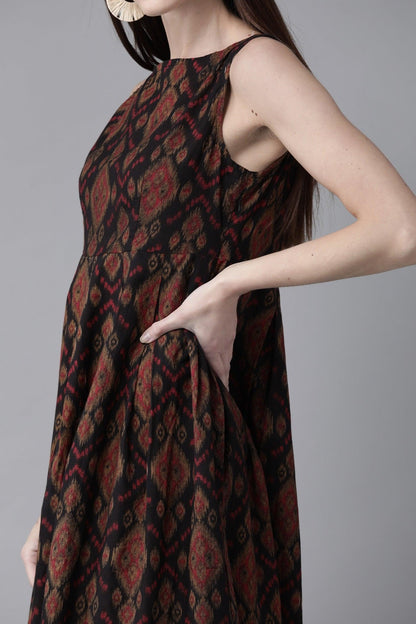Black &amp; Maroon Printed A-Line Dress ( Fully Stitched) - Znxclothing