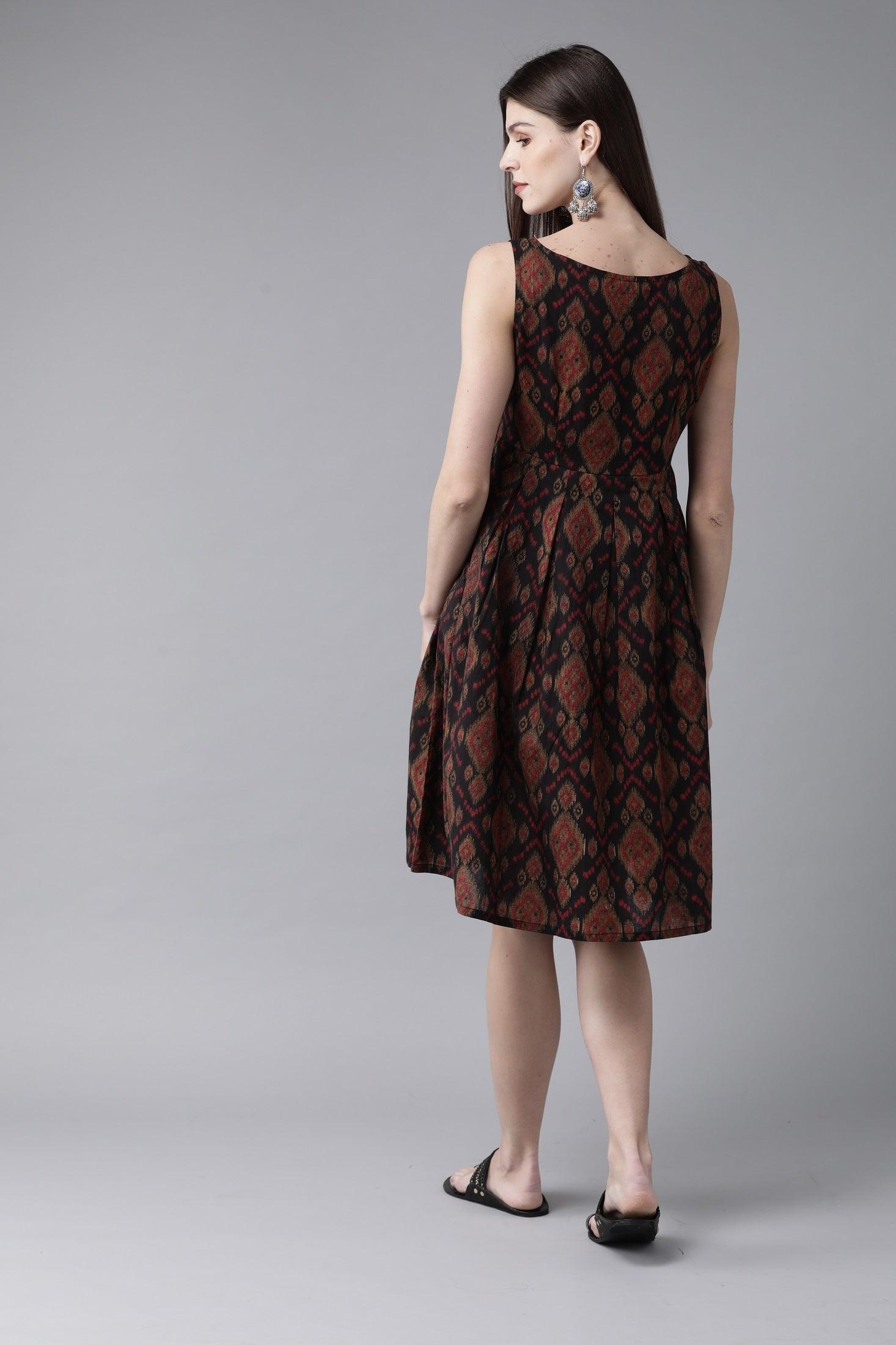 Black &amp; Maroon Printed A-Line Dress ( Fully Stitched) - Znxclothing