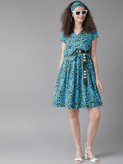 Blue leopard print dress( Fully Stitched) - Znxclothing