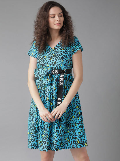 Blue leopard print dress( Fully Stitched) - Znxclothing