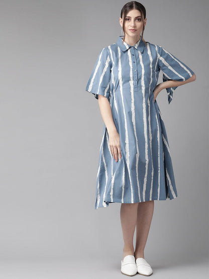 Blue &amp; White Striped Shirt Dress (Fully Stitched) - Znxclothing