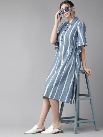 Blue &amp; White Striped Shirt Dress (Fully Stitched) - Znxclothing