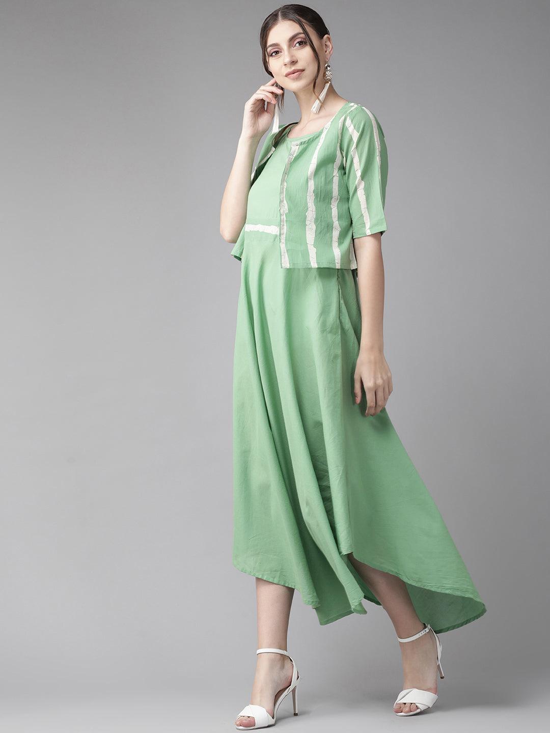 Green Solid A-Line Dress with Jacket (Fully Stitched) - Znxclothing