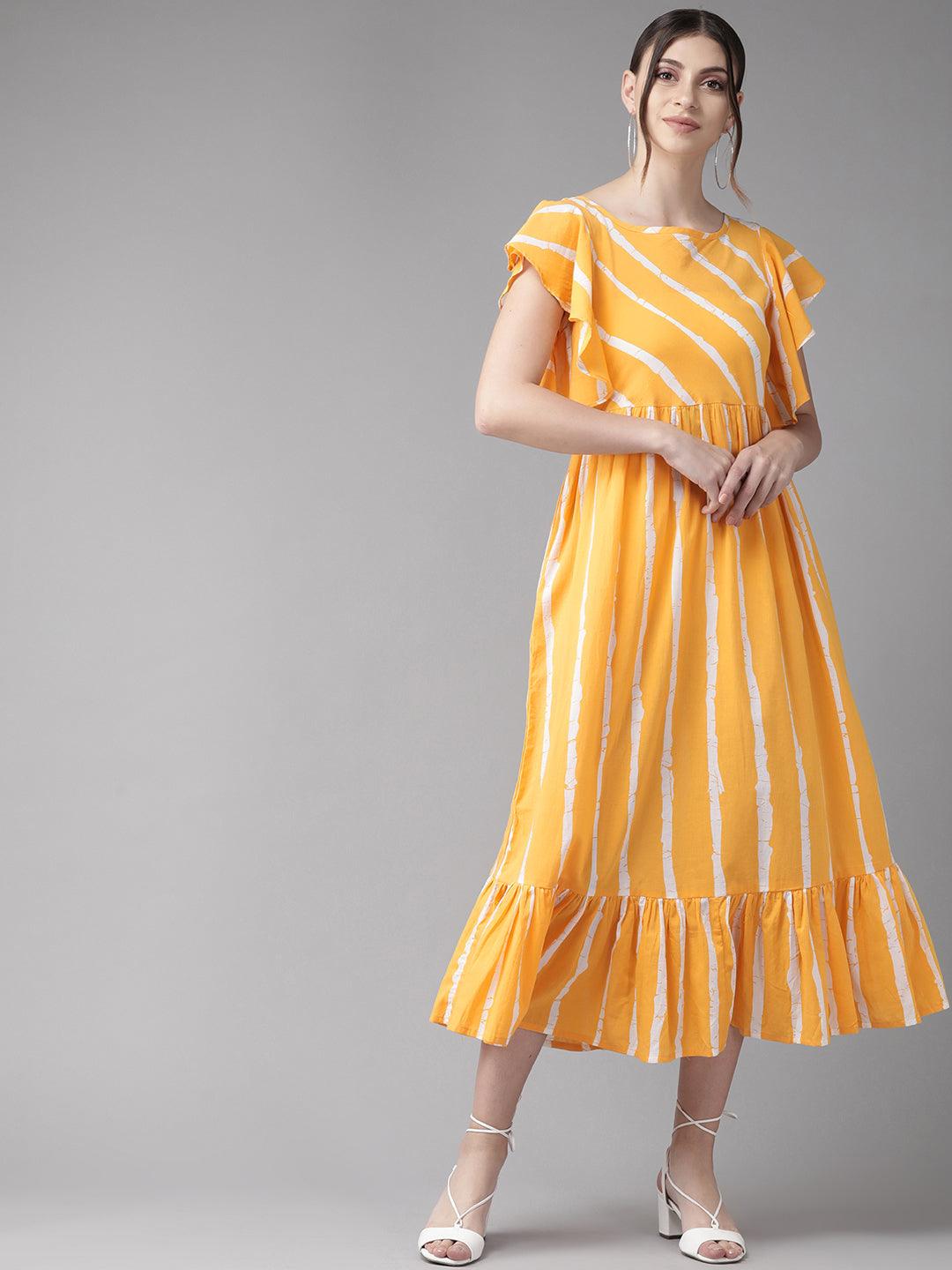 Mustard Yellow &amp; White Striped A-Line Dress (Fully Stitched) - Znxclothing