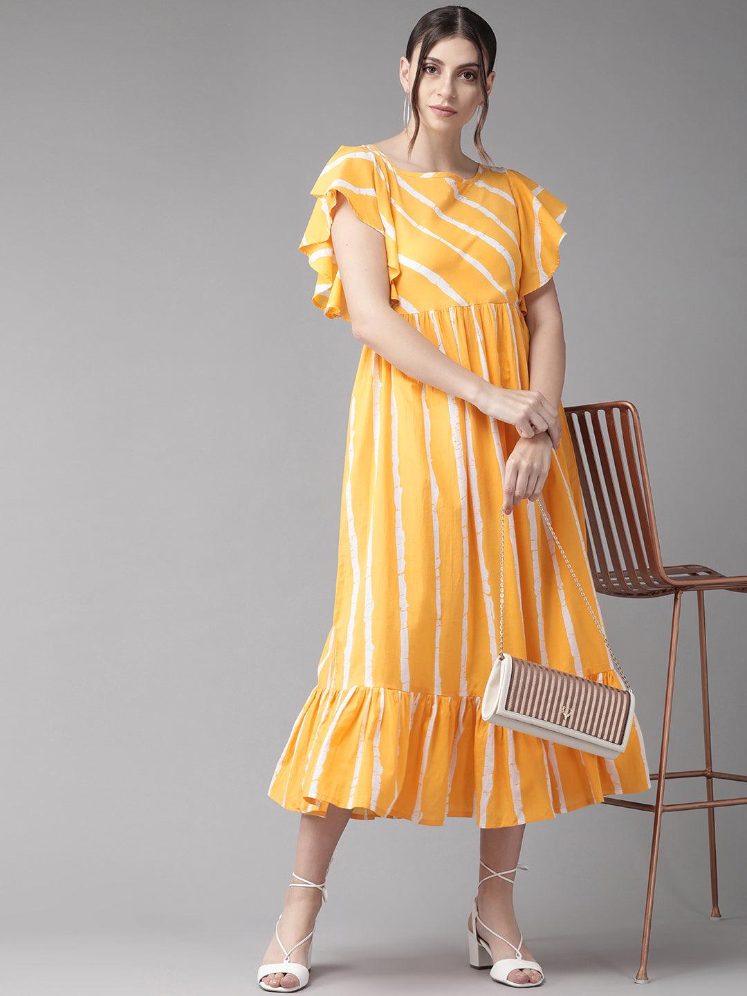 Mustard Yellow &amp; White Striped A-Line Dress (Fully Stitched) - Znxclothing