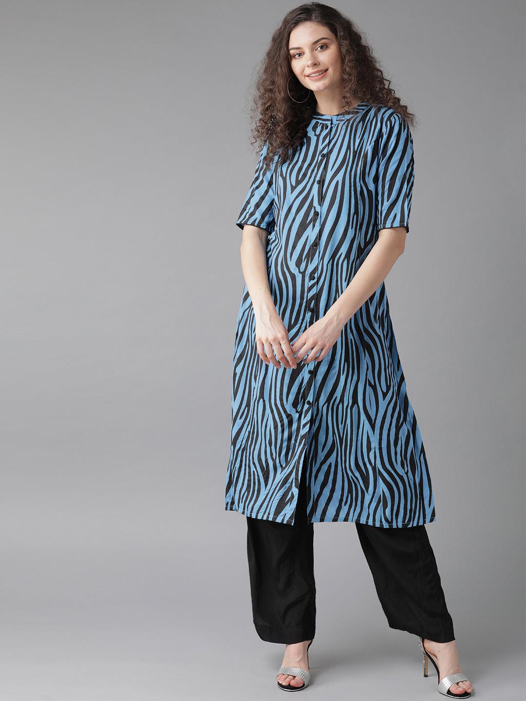 Blue zebra print kurta( Fully Stitched) - Znxclothing