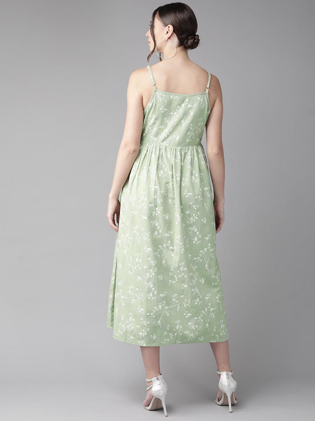 Green &amp; White Khari Print A-Line Dress (Fully Stitched) - Znxclothing