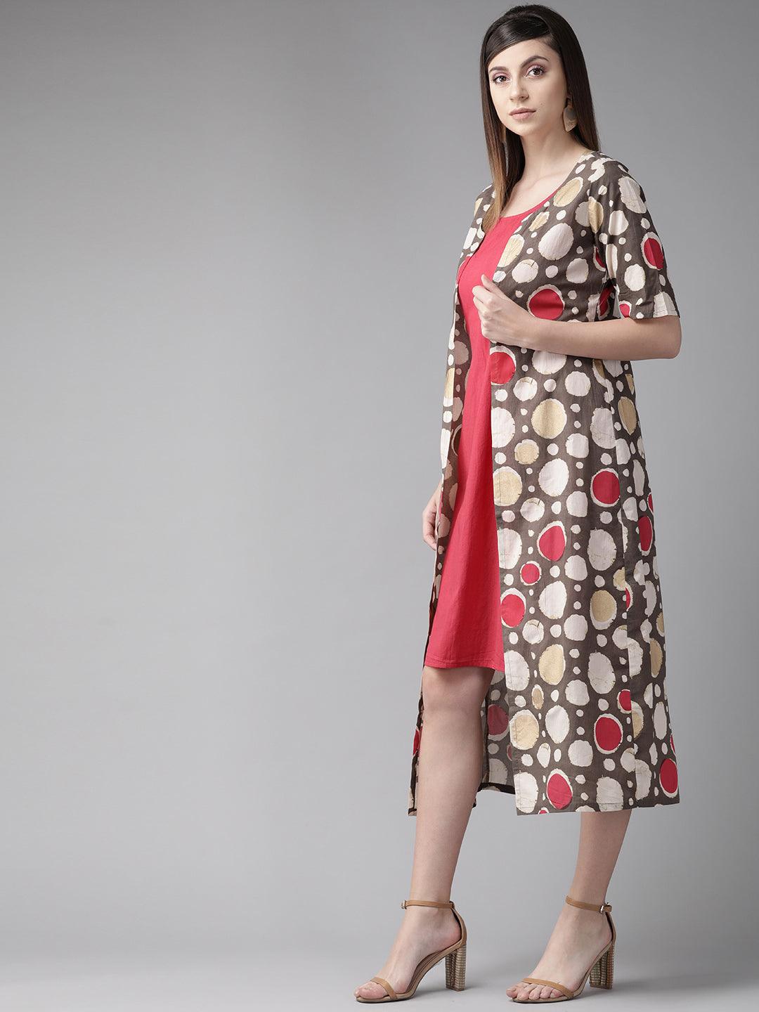 Red &amp; Brown Printed Layered A-Line Dress (Fully Stitched) - Znxclothing