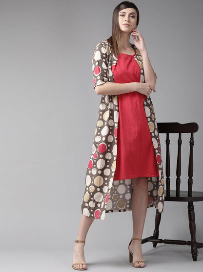 Red &amp; Brown Printed Layered A-Line Dress (Fully Stitched) - Znxclothing