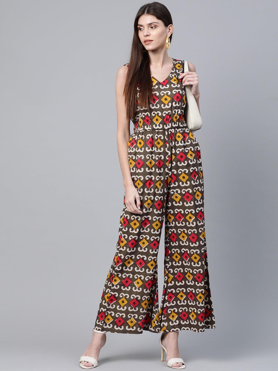 Olive Brown &amp; Red Printed Basic Jumpsuit (Fully Stitched) - Znxclothing