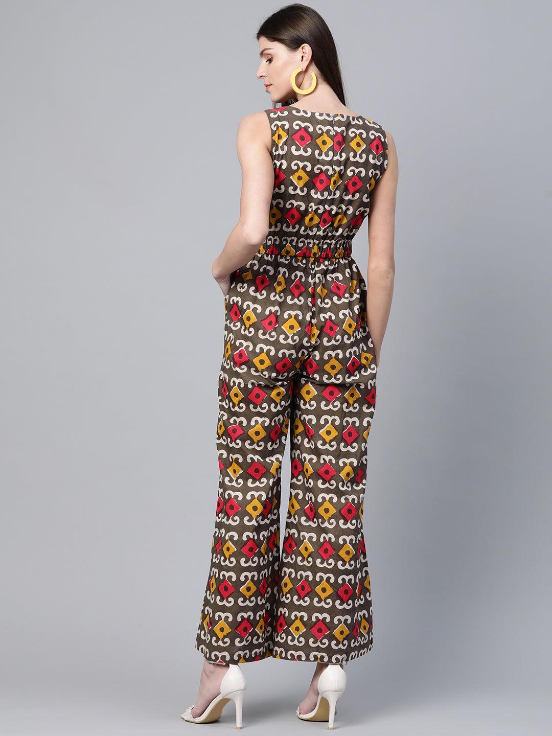 Olive Brown &amp; Red Printed Basic Jumpsuit (Fully Stitched) - Znxclothing