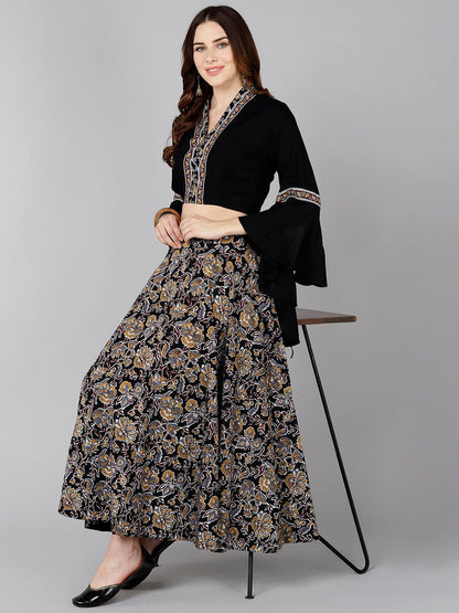 Designer Black Crop Top With Floral Printed Skirt - Znxclothing