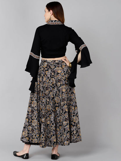 Designer Black Crop Top With Floral Printed Skirt - Znxclothing