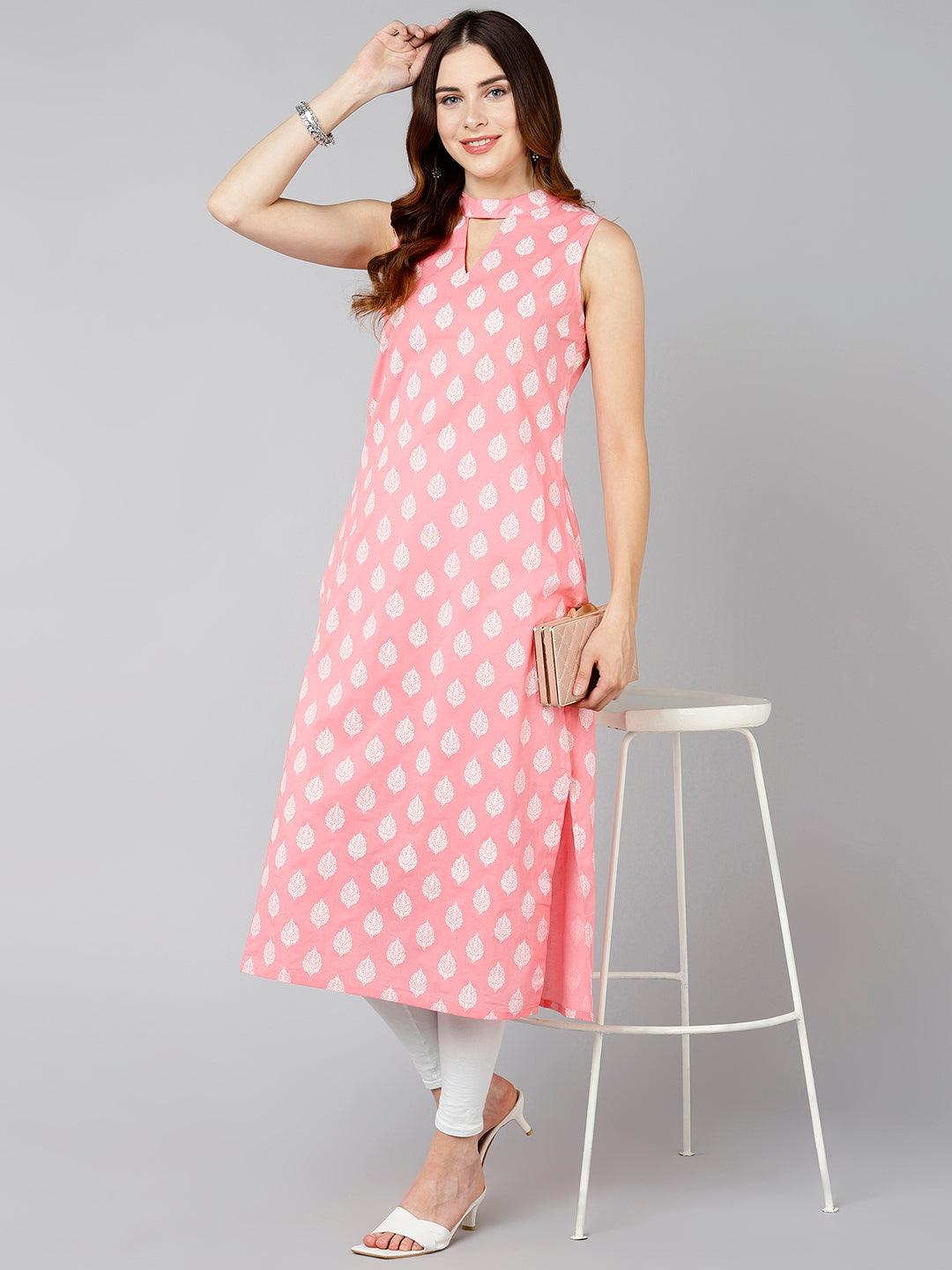 Women White Leaf Printed Pink Sleevless Kurta - Znxclothing