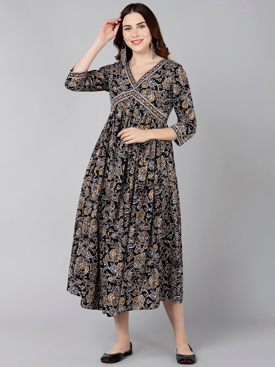 Brown Floral Printed Flared Dress - Znxclothing