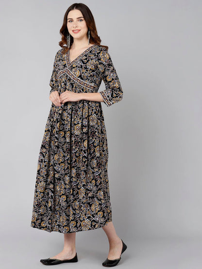 Brown Floral Printed Flared Dress - Znxclothing