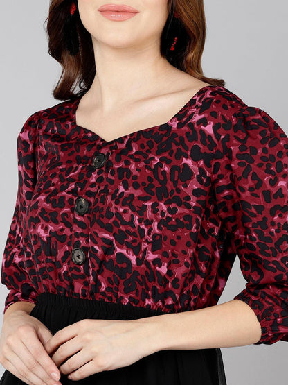 Burgundy Animal Printed Dress - Znxclothing