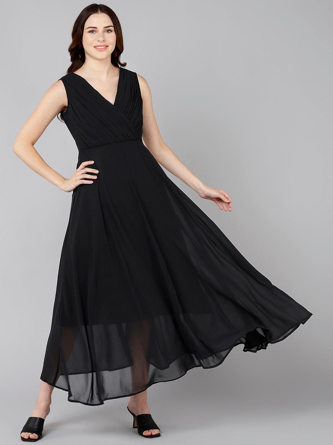 Solid Black Flared Dress - Znxclothing