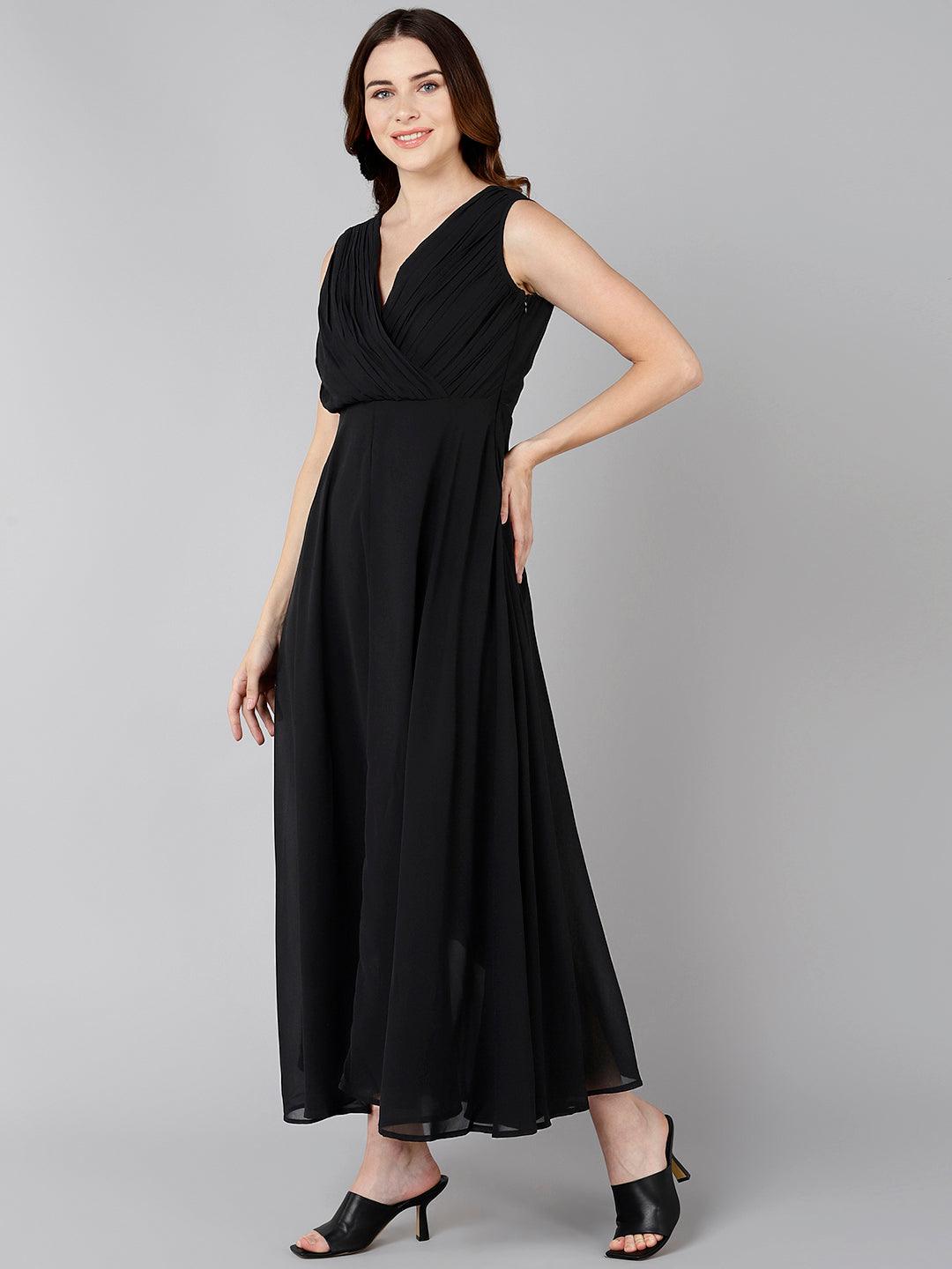 Solid Black Flared Dress - Znxclothing