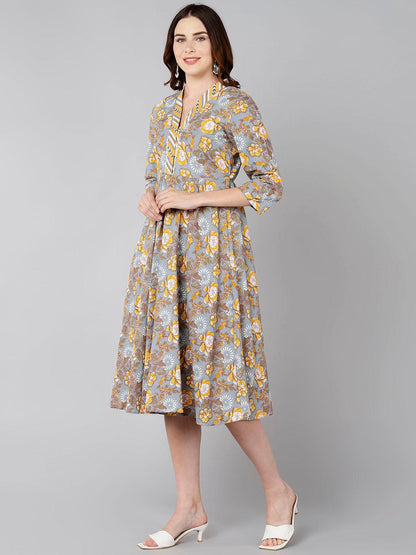 Yellow Floral Printed Flared Dress - Znxclothing