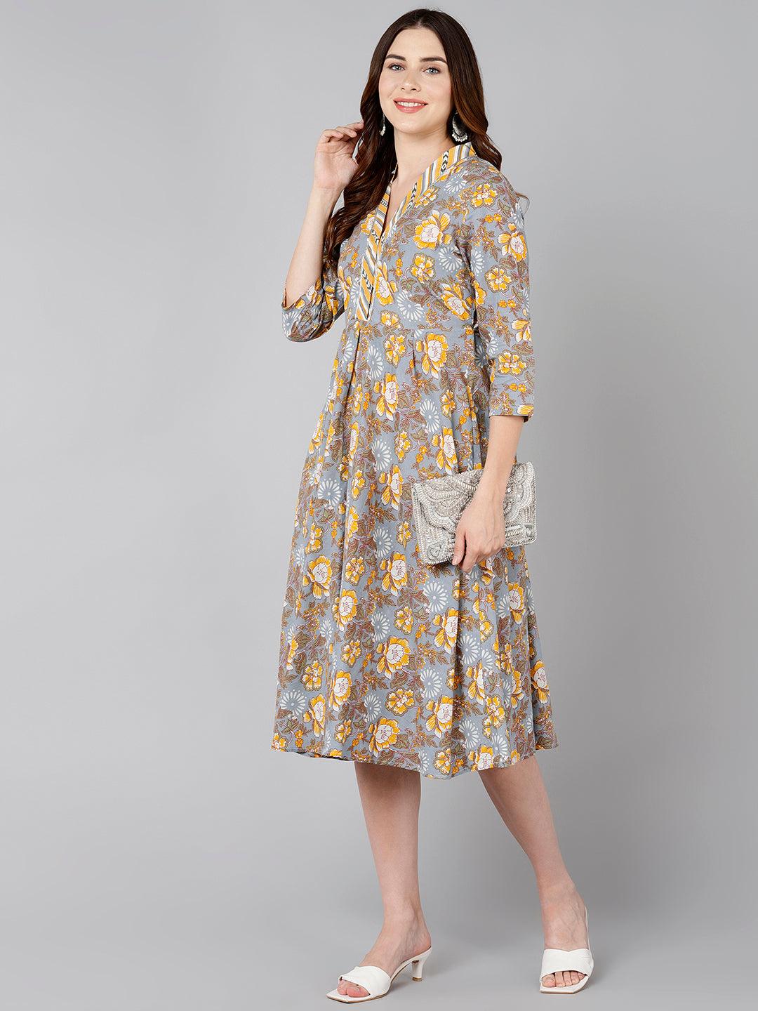 Yellow Floral Printed Flared Dress - Znxclothing